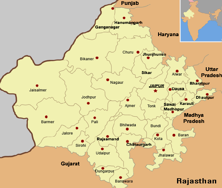 Rajasthan map covers various districts, tourist destinations and important 